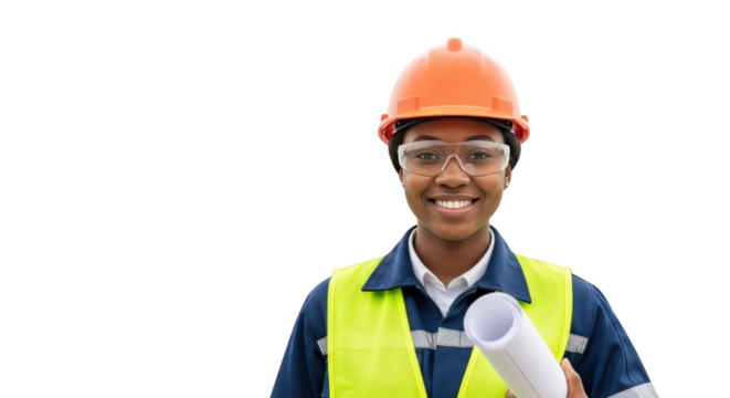 Smiling Female Engineer with Safety Gear and Blueprint modern design composition influenced by Smiling