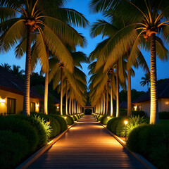 Fototapeta premium A beautifully lit tropical pathway lined with tall palm trees at night, featuring warm golden lights, lush green foliage, and a serene wooden walkway leading into the distance. Perfect for travel, res