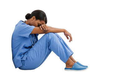 Stressed and overworked female nurse sitting isolated on white unique creative artwork concept based