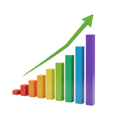 Business growth chart showing upward trend and increasing revenue with colorful bars and arrow transparent background