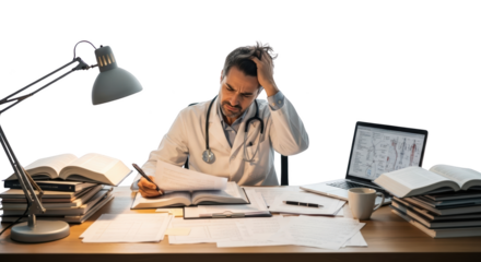 Stressed Doctor Studying Medical Books and Laptop detailed illustration concept inspired by Stressed Doctor