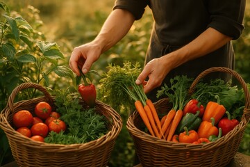 Anonymous culinary artisan gathering fresh garden vegetables at sunrise in dewy field hands only focus with rustic baskets and vibrant farm produce