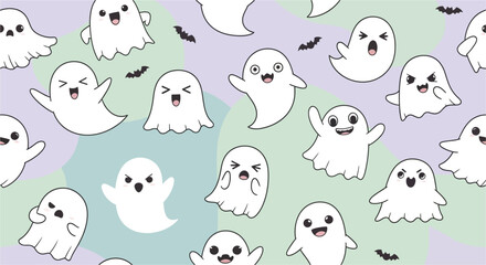 Obraz premium Cute Ghost Seamless Pattern Vector in Kawaii Flat Style for Halloween