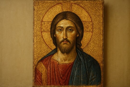 Byzantine style gold leaf icon of Christ Pantocrator with serene halo intricate patterns aged pigment cracks sacred devotional art photographed with soft light