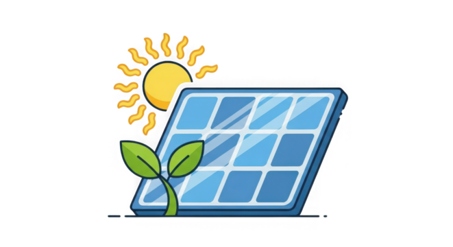 Bright sun shines on solar panel with sprouting plant symbolizing renewable energy and eco-friendly power generation transparent background