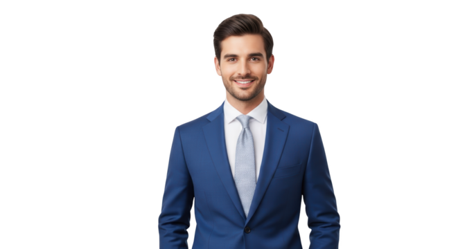 Successful handsome businessman smiling confidently on white background unique creative artwork concept based on