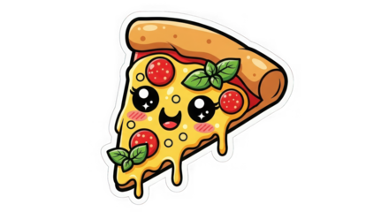 Adorable kawaii pizza slice with big eyes and melty cheese a fun foodie graphic for all ages transparent background