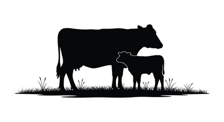 a cow and calf standing together in grassy field