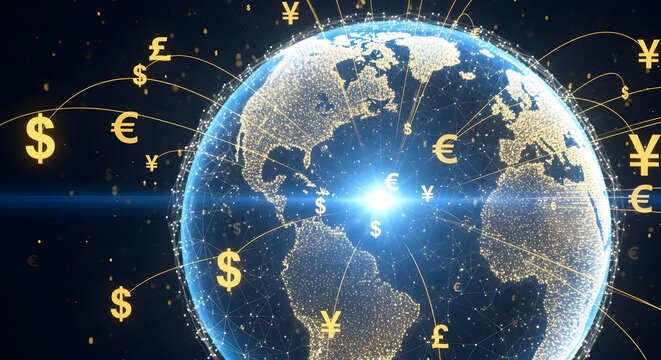 Global Financial Network Connecting World Currencies on a Digital Earth Globe, Representing International Business and Economy