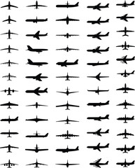 Airplane silhouette vector set, commercial aircraft icons, military jet silhouettes, aviation clipart, flight transport illustration, black airplane collection