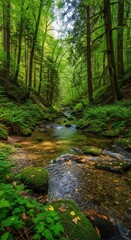 Fototapeta premium Lush Forest Stream with Sun-Dappled Ferns and Mossy Rocks, Serene Woodland Pathway