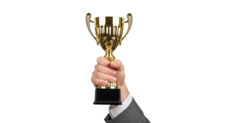 Winning Gold Trophy in Hand Achievement Success unique creative artwork concept based on Winning