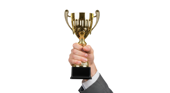 Winning Gold Trophy in Hand Achievement Success unique creative artwork concept based on Winning - Powered by Adobe