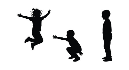 children silhouettes playing jumping and standing