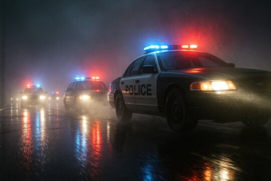 Dramatic night police pursuit with multiple cruisers racing through foggy streets flashing red and blue lights reflecting on wet asphalt cinematic tension