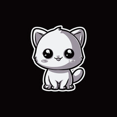 Obraz premium A playful cartoon cat with large sparkling eyes sits happily on a black background. The character features a soft white coat and an adorable expression.