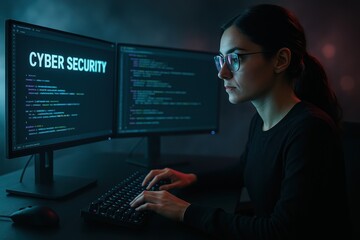 Focused cybersecurity engineer at dual monitors writing clean code in a dark neon lit office with reflections matrices and modern professional mood