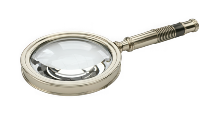 Close-up of a classic magnifying glass tool with metal handle and circular lens on a simple background for detailed examination and discovery transparent background