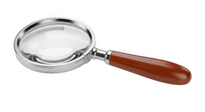 Classic magnifying glass with wooden handle revealing detailed close-up views for research and discovery investigations transparent background