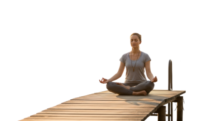 Woman Meditating on Wooden Dock detailed illustration concept inspired by Woman Meditating on Wooden
