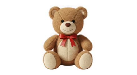 Adorable brown teddy bear with red ribbon bow isolated object for childrens toys and gifts transparent background