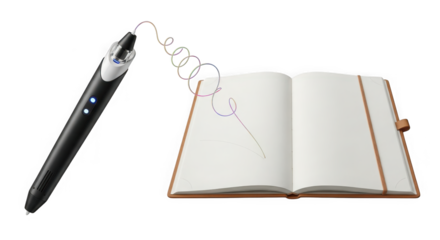 Digital pen and open notebook featuring blank pages ready for capturing ideas and notes seamlessly transparent background