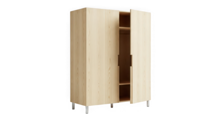 Modern beige corner cabinet with open doors revealing shelves and wooden slats for elegant home storage solution transparent background