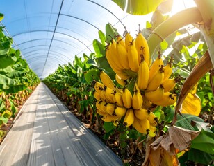 Ripe bananas hang from plants in a greenhouse, bathed in sunlight.