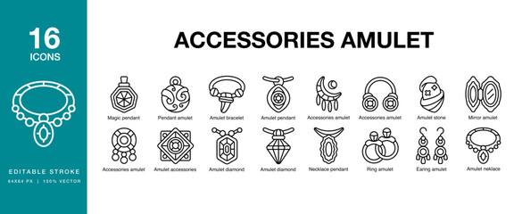 Accessories Amulet icon set. Includes amulet, accessory, pendant, decoration, gift, and More. Editable Stroke Icon Collection.