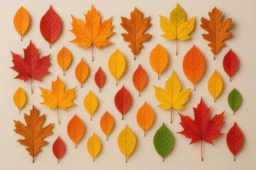 Fototapeta premium Artistic flat lay of vibrant autumn leaves arranged in modern geometric pattern on light backdrop creating a stylish seasonal foliage background