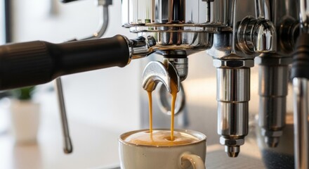 Espresso Machine Pouring Rich Coffee into a Cup, Close-up Detail