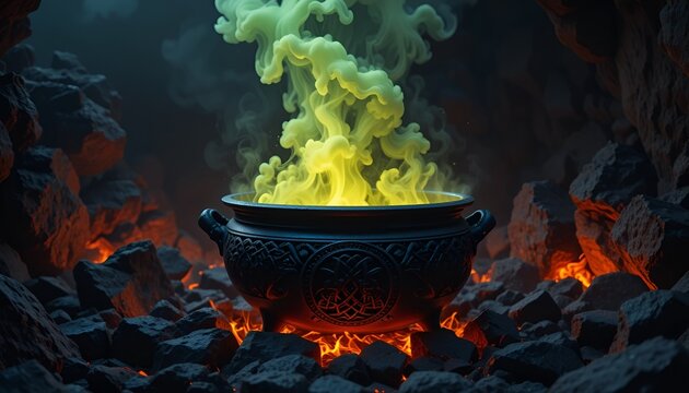Dramatic potion brewing in black cauldron surrounded by rocks with green smoke bubbling above it.
