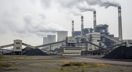 Obraz premium Industrial coal power plant with smoke emitting chimneys and coal piles