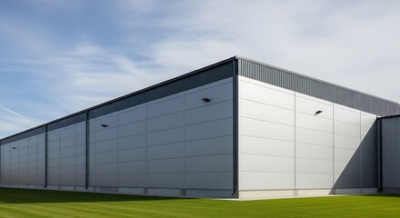 Obraz premium Modern industrial warehouse building with a vast grey facade