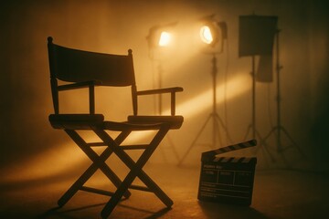 Classic directors chair on a sunlit film set with soft haze clapperboard and studio lights ready for action in a cinematic production atmosphere