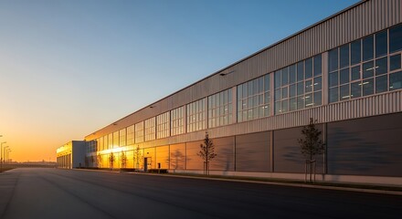 Obraz premium Modern industrial building facade bathed in golden sunrise light