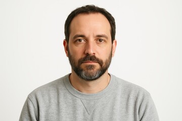 Fototapeta premium Confident midlife bearded man in casual sweatshirt smiling at camera on clean white background minimal portrait studio lighting