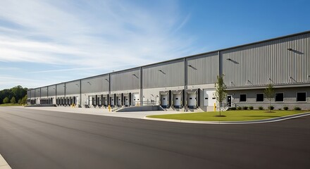Modern industrial warehouse with loading docks under a blue sky