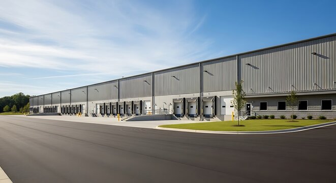 Modern industrial warehouse with loading docks under a blue sky