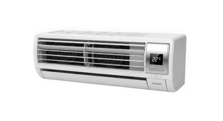 Modern white split air conditioning unit with digital display mounted on a wall for climate control and comfort in any room setting transparent background