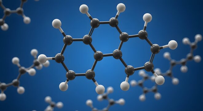 Molecular structure diagram with spheres against blue background
