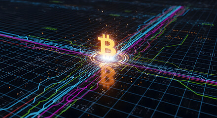 Radiant Bitcoin Symbol at the Nexus of Digital Financial Data Grid and Cryptocurrency Network