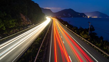 A highway at night, with streaks of light from car headlights painting the asphalt, stretches out towards a dark body of water and distant mountains.