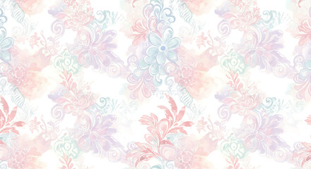Delicate Pastel Floral Pattern with Watercolor Textures on White