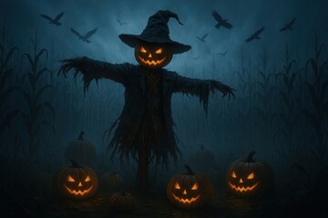 Haunted cornfield scarecrow at dusk looming over ripe pumpkins with foggy moonlight creepy crows and tattered straw hat autumn halloween atmosphere