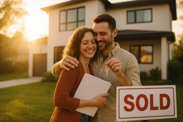 Joyful new homeowners holding keys outside modern suburban house with sold sign celebrating mortgage approval and first time buyer success at sunset