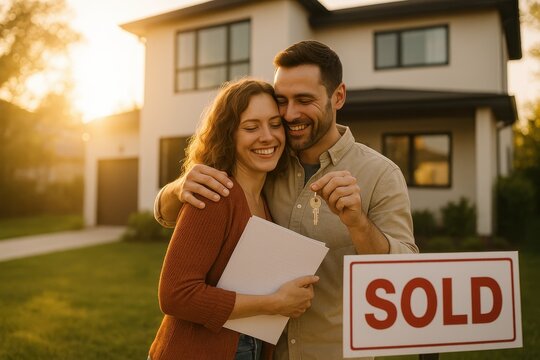 Joyful new homeowners holding keys outside modern suburban house with sold sign celebrating mortgage approval and first time buyer success at sunset