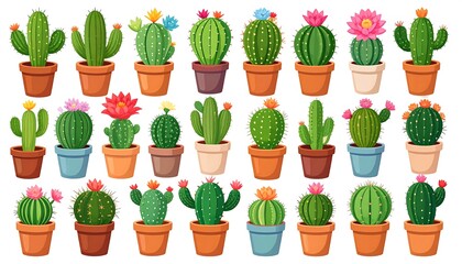 Fototapeta premium Collection of various cactus plants in decorative terracotta and colorful pots, perfect for a gardening or home decor theme.