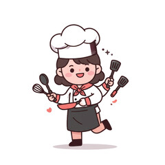 Adorable Female Chef Cartoon Character Preparing Food with Various Cooking Utensils, Generative Ai Illustration
