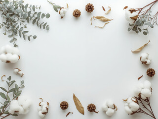 Obraz premium Minimalist frame of cotton flowers, eucalyptus leaves, and pine cones on white background.